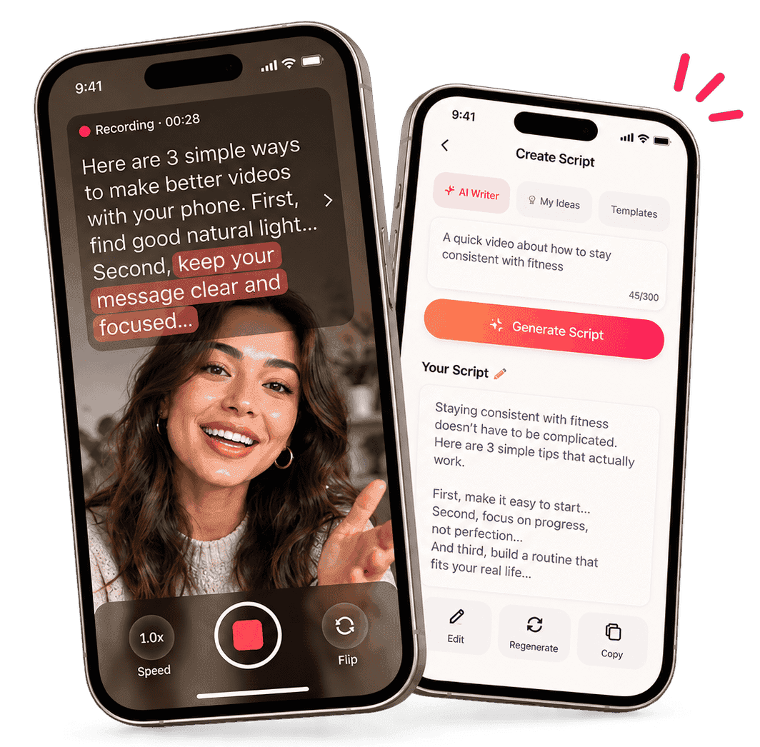 TalkTake app showing the voice-follow teleprompter and AI script writer