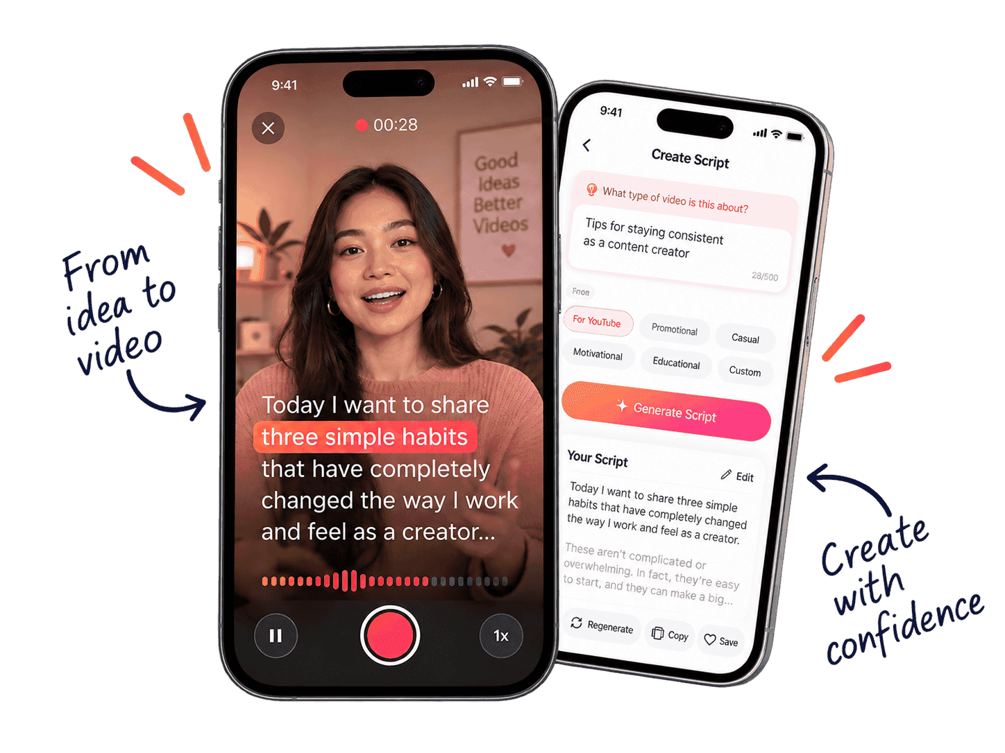 TalkTake recording with the voice-follow teleprompter next to the AI script creator